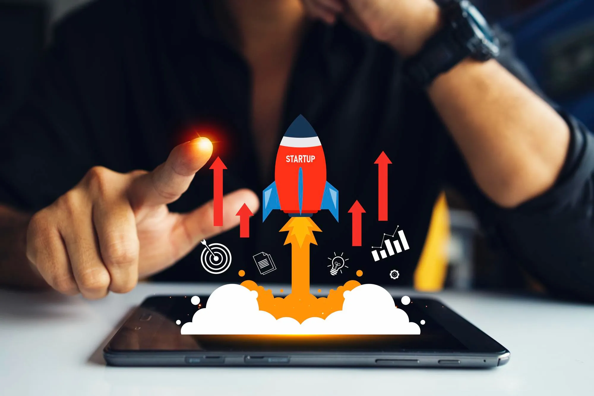 Startup product launch concept showing rocket growth, innovation, and idea to reality development process