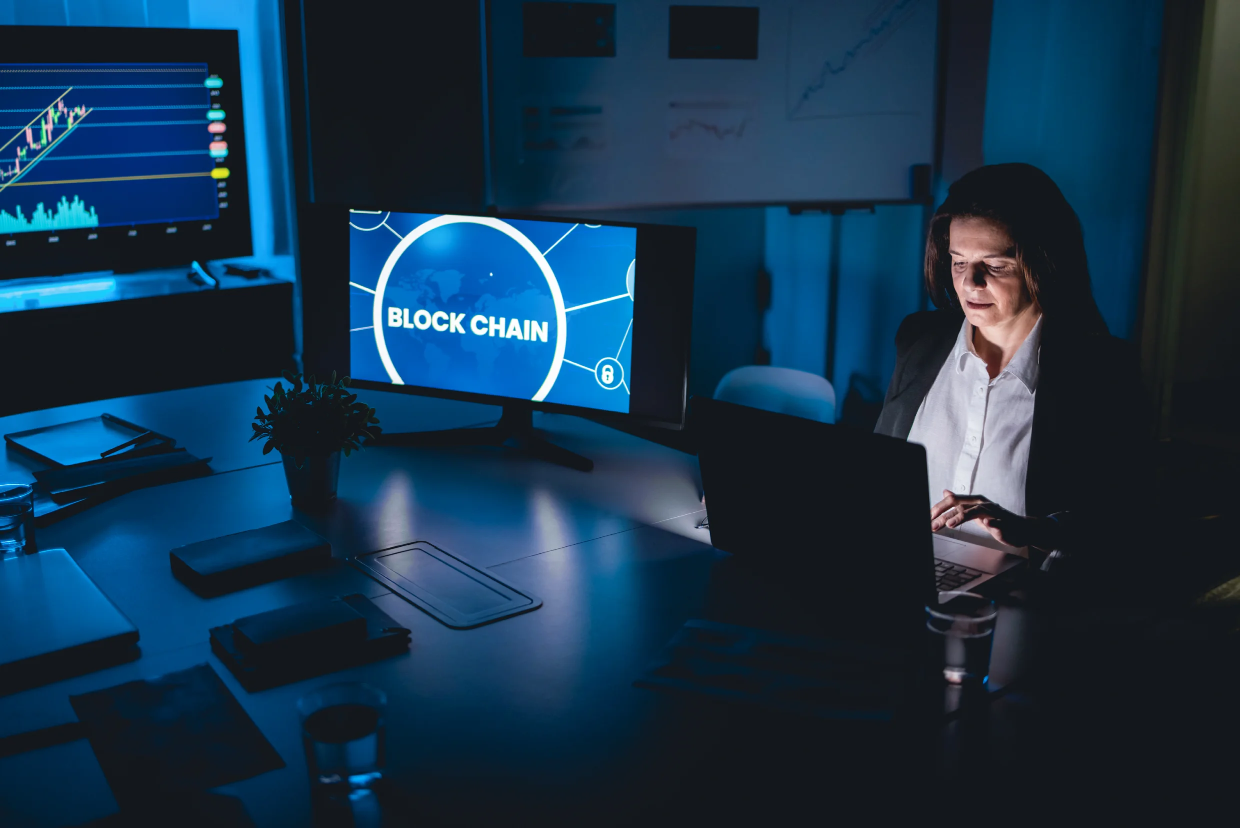 Blockchain technology development showing secure digital systems and data analysis.