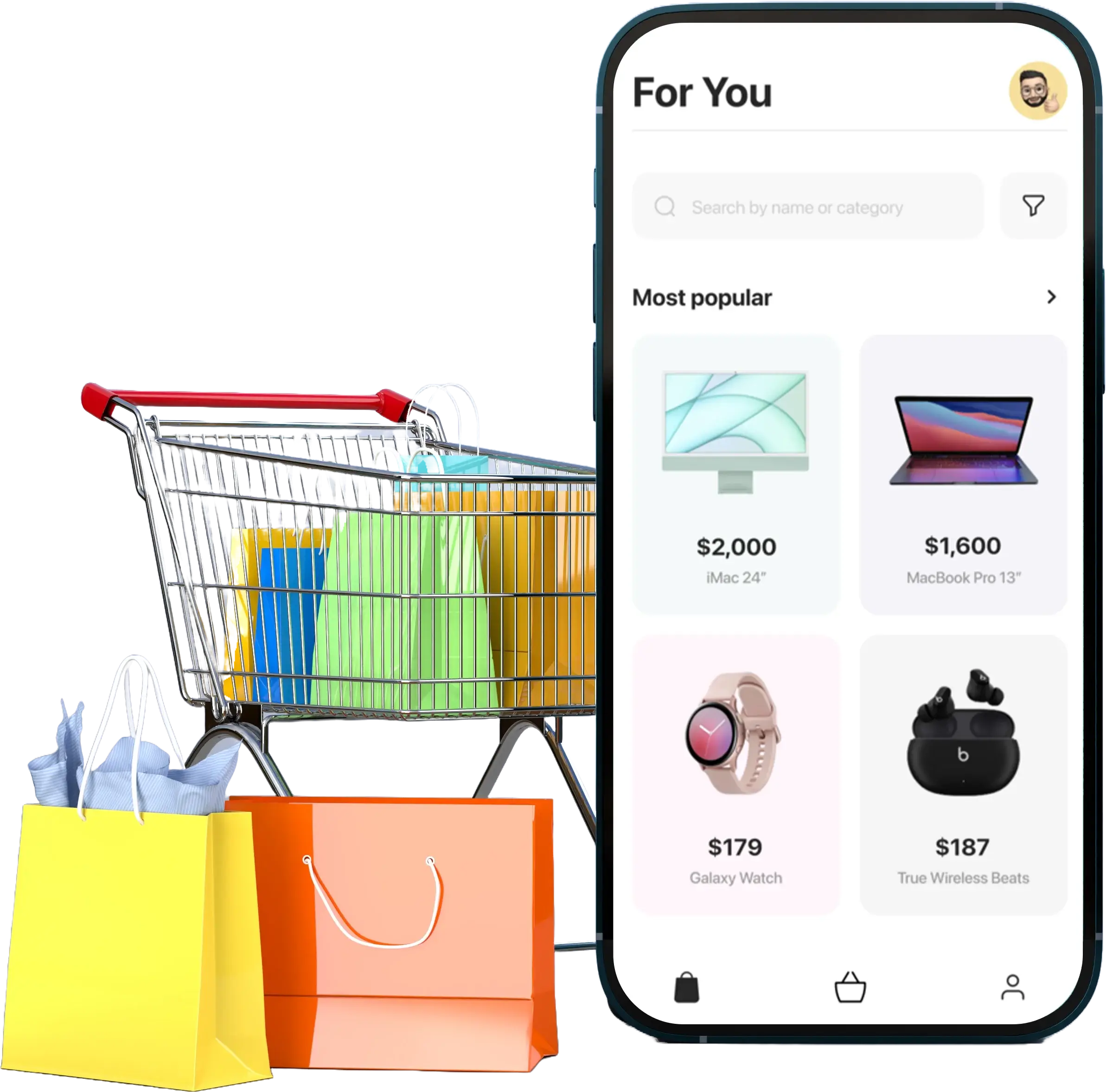 Mobile ecommerce app interface showing product listings with a shopping cart