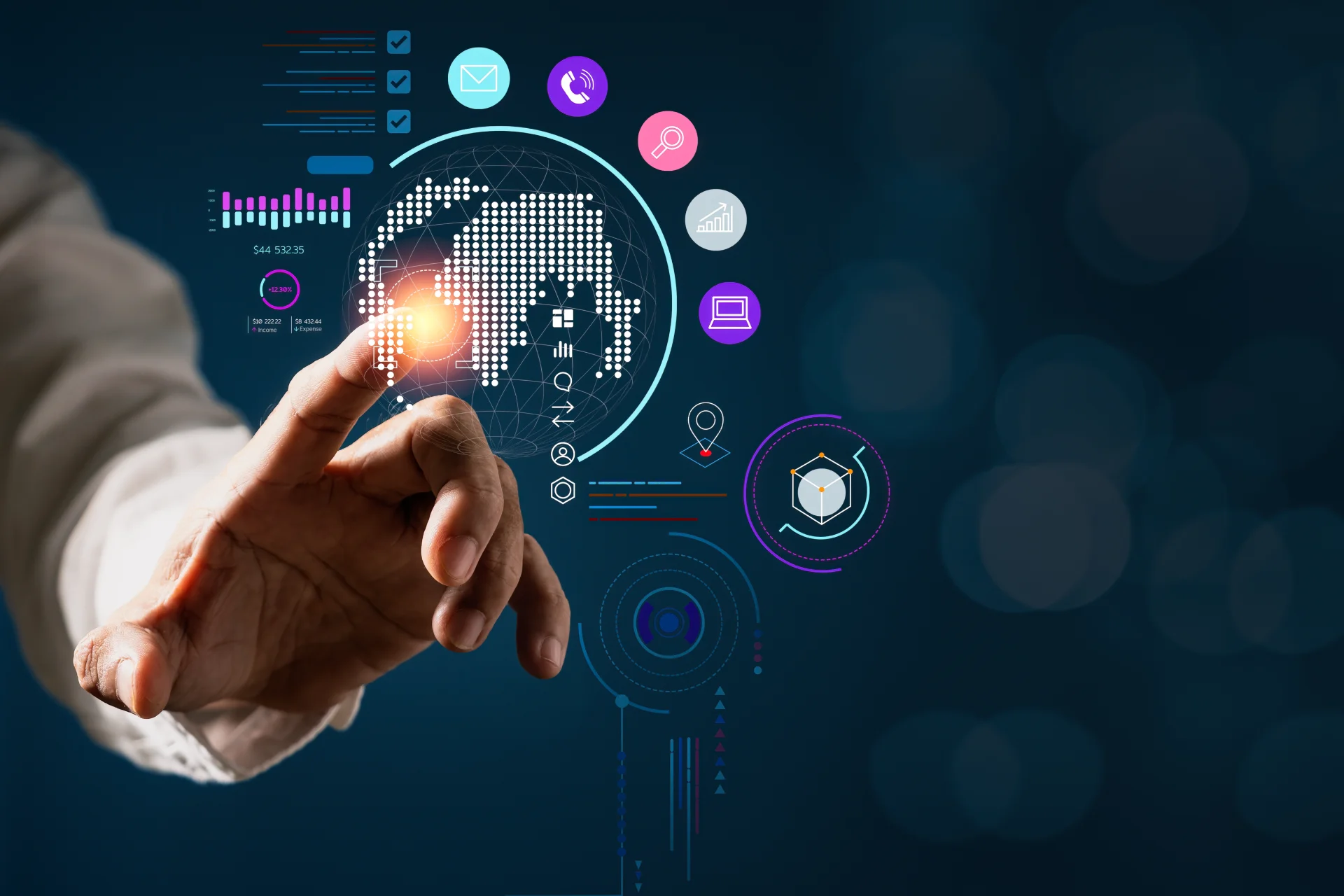 Hand touching a glowing digital world map interface with data analytics icons and futuristic technology overlays on a dark background.