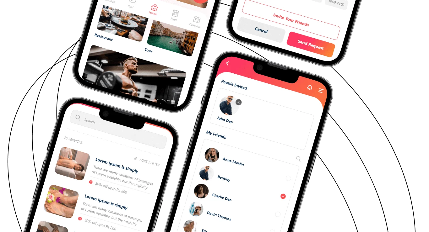 Mobile app UI showing user profiles, service listings, and social interaction features
