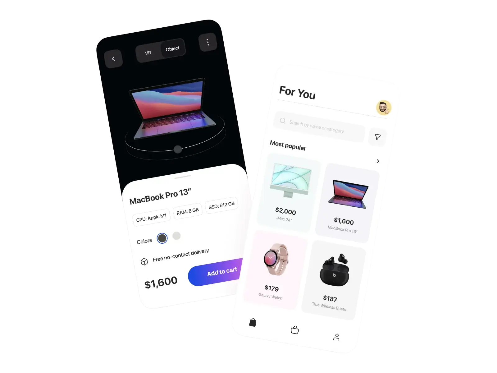 Mobile ecommerce app UI showing product details and product listing screens.