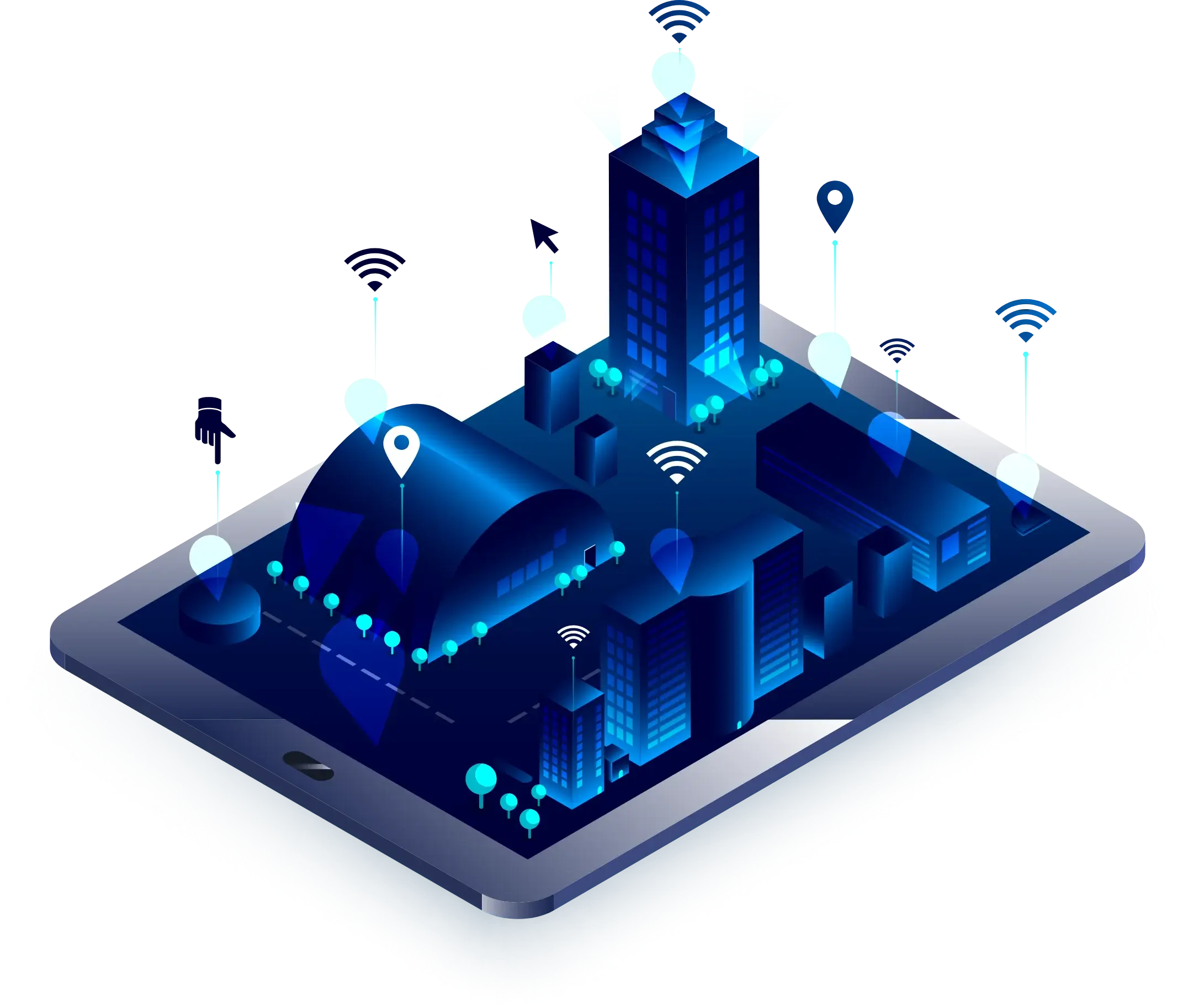 Illustration of a smart city displayed on a mobile device, showing connected buildings, location pins, and wireless network signals